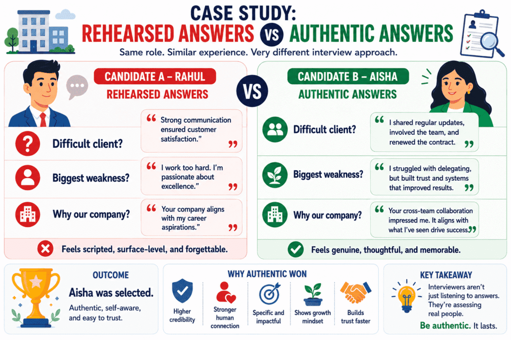 Interview case study showing differences between rehearsed and authentic candidate answers