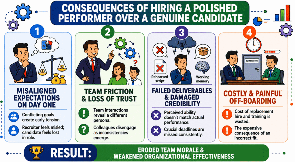 Consequences of hiring polished performers instead of genuine candidates during recruitment