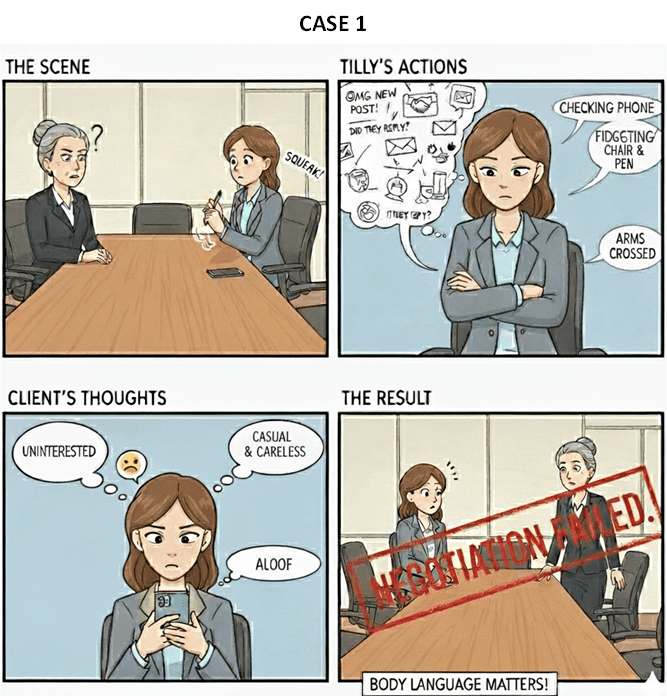 Negative body language during workplace negotiation meeting