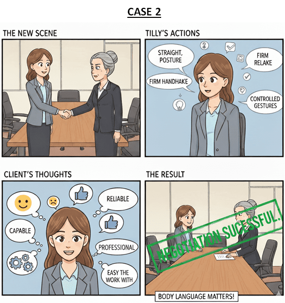 Positive body language during workplace negotiation meeting