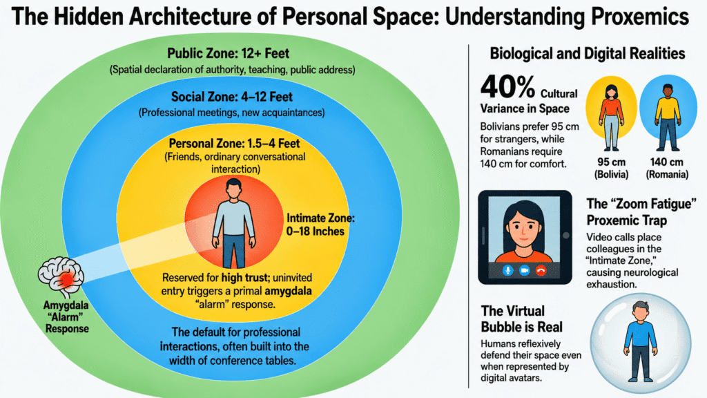Proxemics diagram showing the four zones of personal space: intimate, personal, social, and public distance, with cultural and digital communication examples.