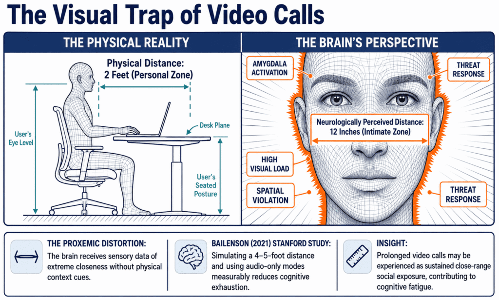 roxemics illustration explaining Zoom fatigue, showing how video calls place faces within the brain's perceived intimate zone and increase cognitive load.