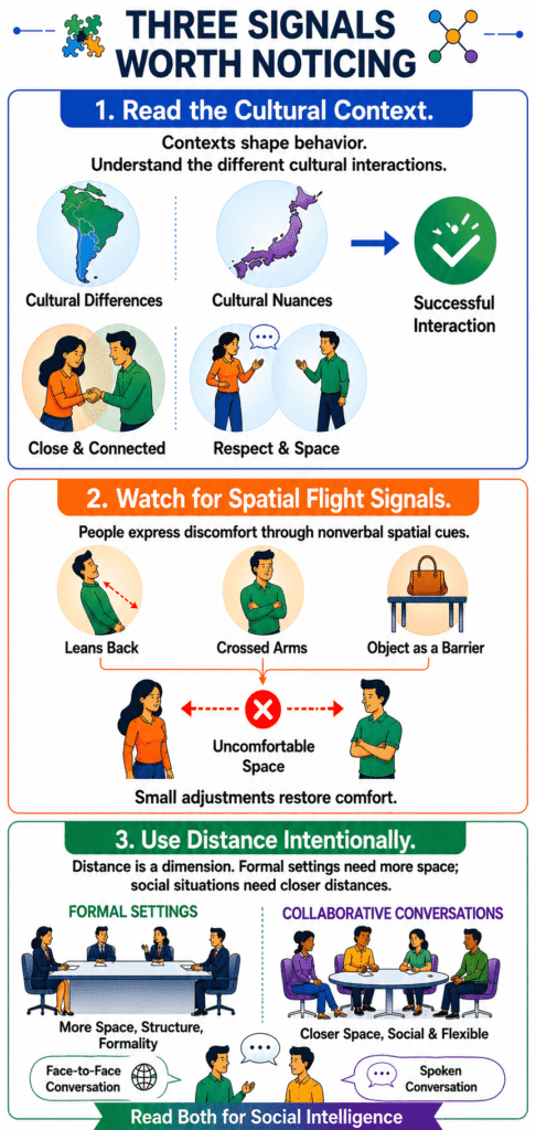 Proxemics infographic highlighting three spatial communication skills: understanding cultural context, recognizing personal space discomfort signals, and using distance intentionally.