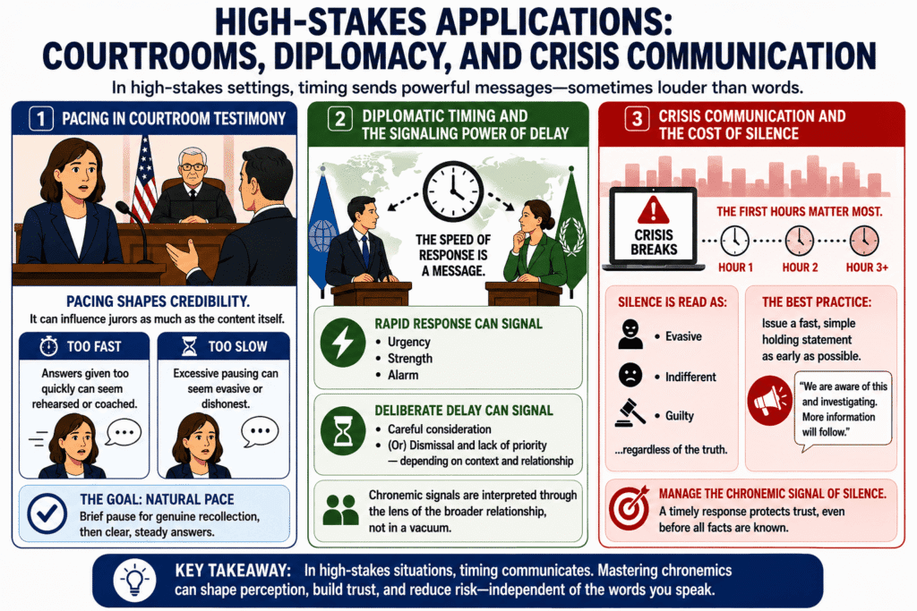Chronemics in Courtrooms, Diplomacy, and Crisis Communication